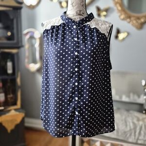Forever 21 Preppy Navy and White Polka Dot Blouse Large